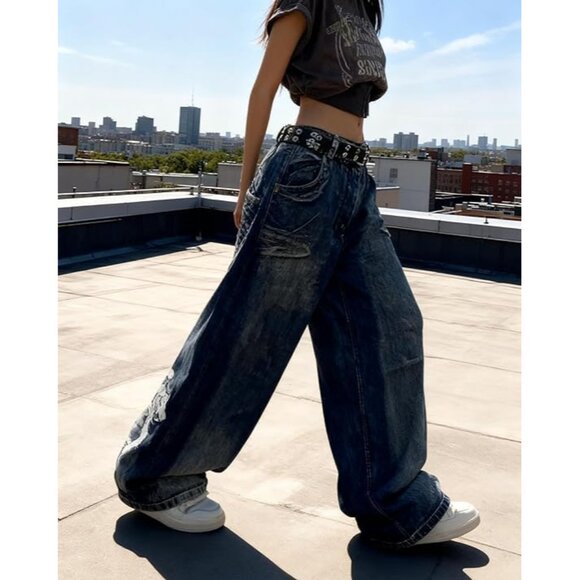 Unisex Y2K Gothic Print Wide Leg Baggy Jeans Vintage High Waist Denim - Picture 6 of 6